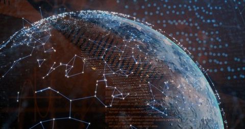 Holographic Earth Globe Showing Global Network Nodes, Data Streams and Futuristic Connectivity