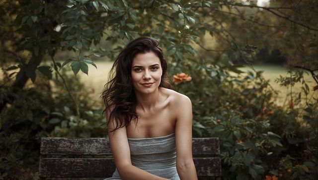 Serene brunette woman sitting on weathered bench in lush garden with orange blossoms