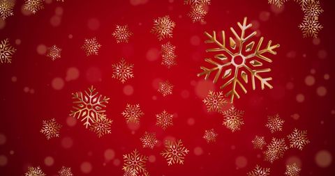 Golden Snowflakes Falling on Red Christmas Background