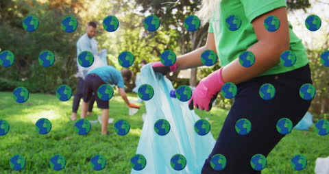 Family Engaged in Community Cleanup with Ecosystem Icons Overlay