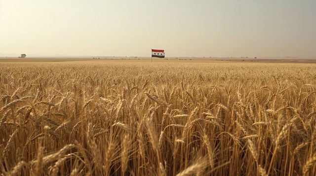 Solitary national flag waving above golden wheat field on expansive rural harvest plain