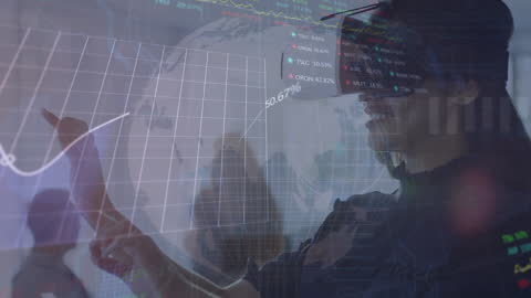 Woman with VR Headset Exploring Global Financial Data