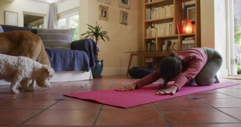 Woman Practicing Yoga Stretch on Mat in Cozy Home with Dog Nearby