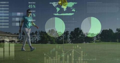 Mature woman walking on golf green with HUD analytics overlay and data visualization