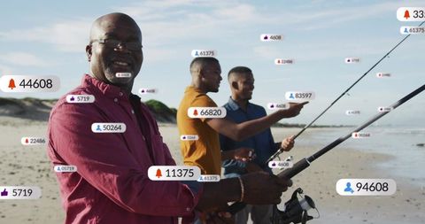 Three men fishing on beach with social media engagement overlays and coastal lifestyle