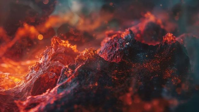 Molten lava stream with glowing embers at volcano fissure