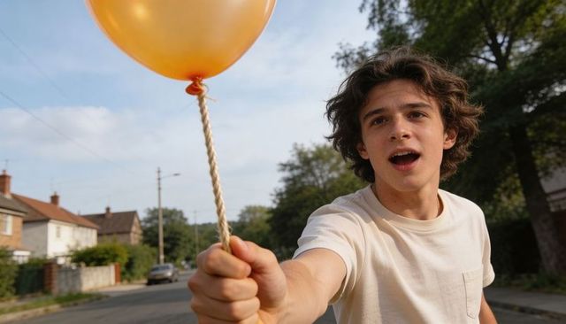 Teen boy reaching with orange balloon on suburban street, playful youth in motion