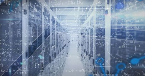 Futuristic Data Processing in High-Tech Server Room with Mathematical Formulas - Download Free Stock Images Pikwizard.com