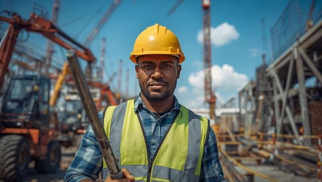 Confident construction worker with safety gear holding pipe at busy site