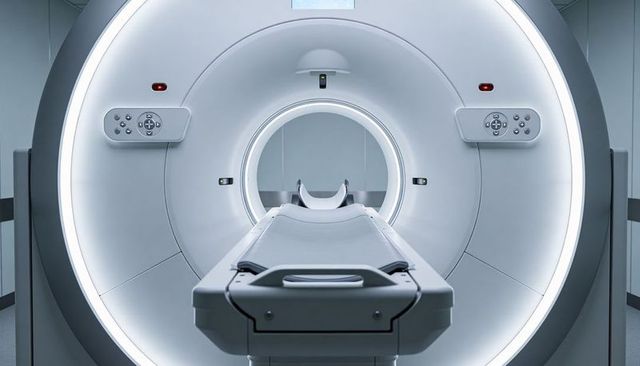 Modern mri scanner gantry with patient couch sliding into bore, led ring illumination