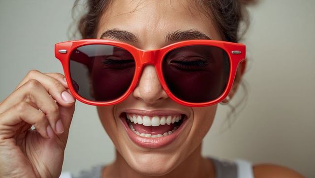 Laughing woman wearing oversized red sunglasses close-up bright smile lifestyle portrait