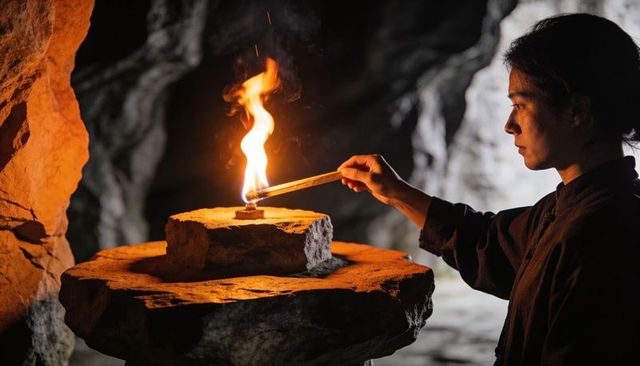 Hooded man lighting oil lamp on stone altar in cave with glowing flame and ritual taper
