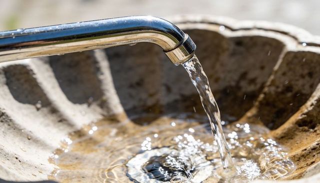Chrome faucet pouring clear water into stone scallop basin with sunlight reflections