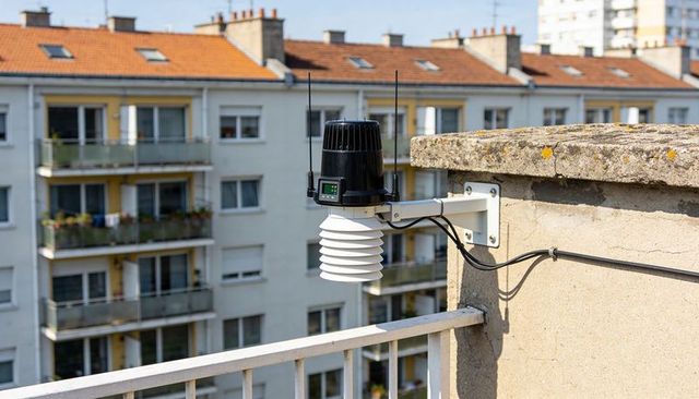 Rooftop weather station on balcony parapet collecting urban temperature humidity data