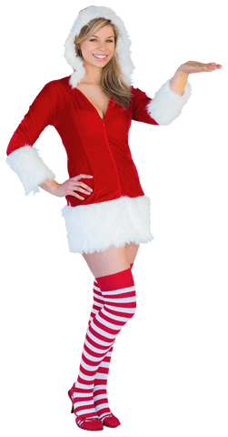 Cheerful Woman in Santa Outfit Pointing Down Invisible Surface