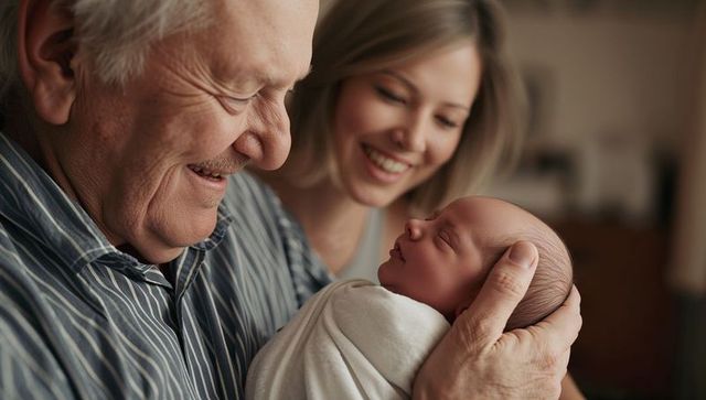 Grandfather cradling newborn while daughter smiling, tender multigenerational family moment