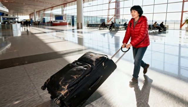 Mature woman walking through sunlit airport terminal pulling worn black suitcase