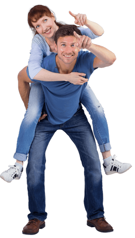 Smiling Couple Enjoying Piggyback Ride on Transparent Background