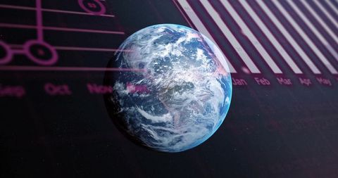 Earth with magenta data overlays and monthly bar charts representing global analytics trends