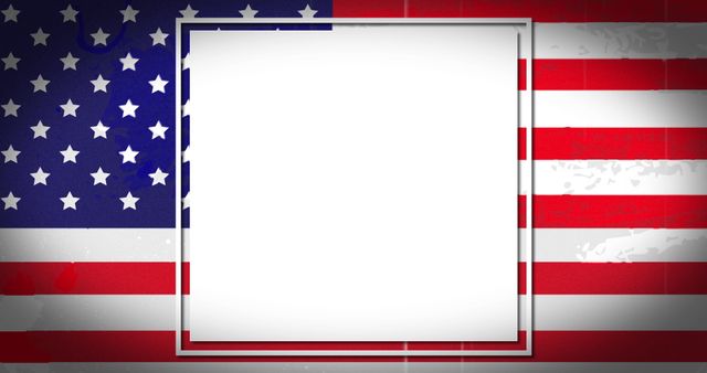 A white square frame positioned over a dynamic American flag creates a powerful backdrop ideal for emphasizing messages related to election voting, democracy, and the United States government. This visual is effective in promotional materials, educational content, and public awareness campaigns about the significance of participating in democracy and making voting choices.