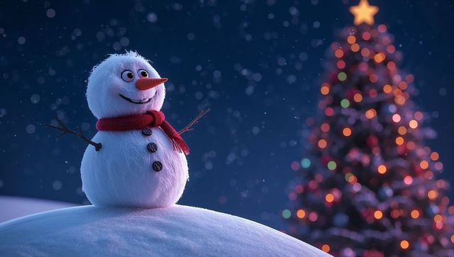 Festive snowman beside glowing christmas tree at night