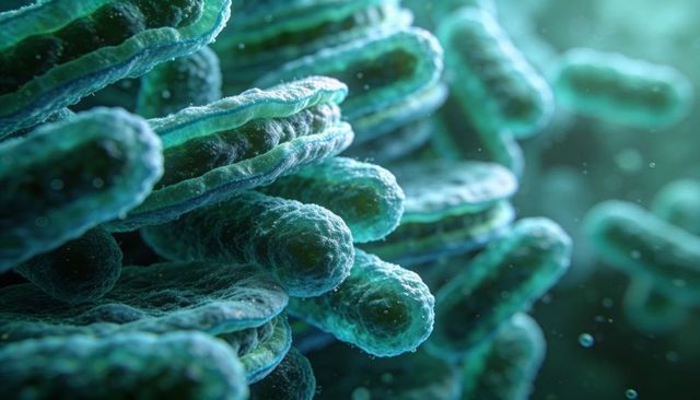 Macro filamentous bacteria with folded membranes and teal biofilm texture