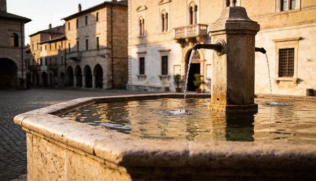 Historic italian piazza fountain pouring water from metal spouts at golden hour