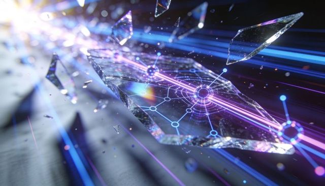 Gliding crystal circuit shard with neon data trails and futuristic holographic network
