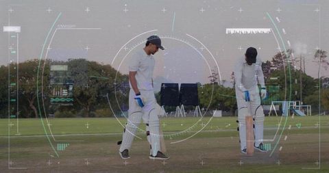 Cricket batsmen walking and preparing at crease with futuristic hud analytics overlay