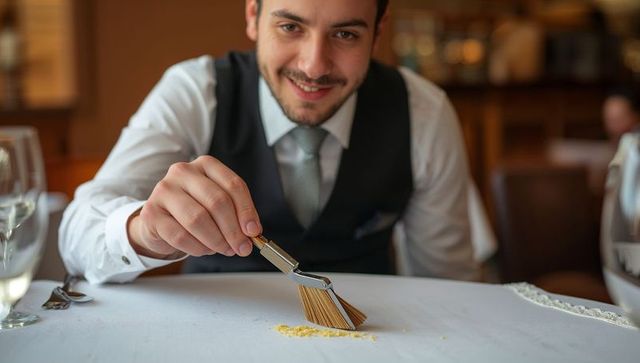 Smiling man sweeping table crumbs with small brush at elegant white-tablecloth restaurant