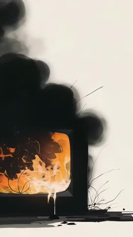 Vertical Video of CRT TV Melting into Flames and Black Smoke, Moody Abstract Destruction