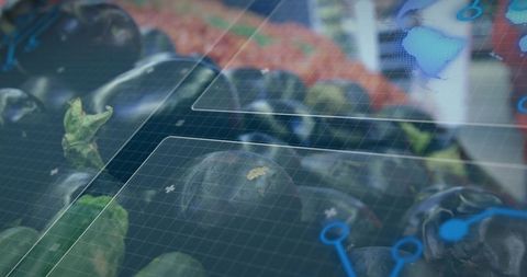 Futuristic macro blueberry cluster with hud overlay and digital grid interface