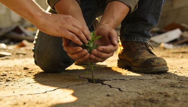 Hands nurturing seedling breaking through cracked soil with work boots, ecological renewal