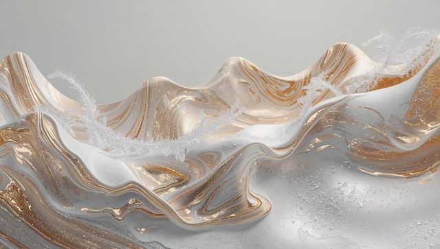 Pearlescent marble waves with gold veins and frosted droplets, abstract metallic flow
