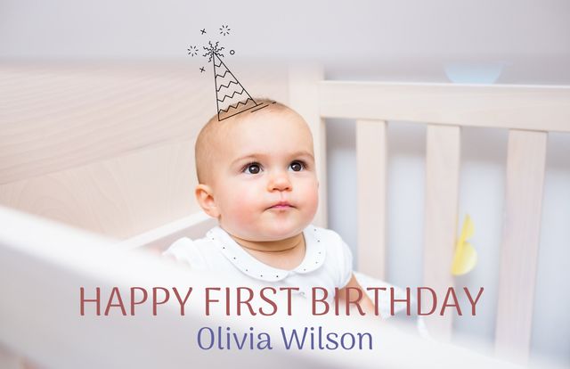 A customizable first birthday template featuring an adorable baby wearing a party hat inside a cozy crib. Ideal for creating personalized birthday invitations or social media announcements to commemorate this special milestone. Useful for parents planning first birthday celebrations, greeting card designs, and family keepsakes.