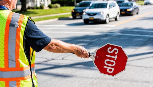 Flagger holding stop paddle directing traffic at suburban crosswalk in daylight