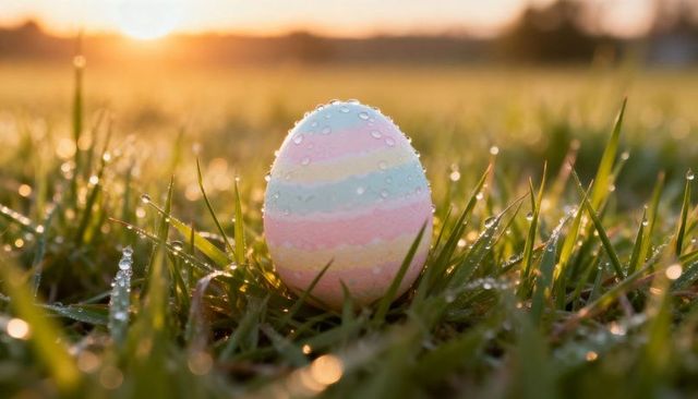 Pastel-striped easter egg sitting in dewy grass at sunrise with warm bokeh