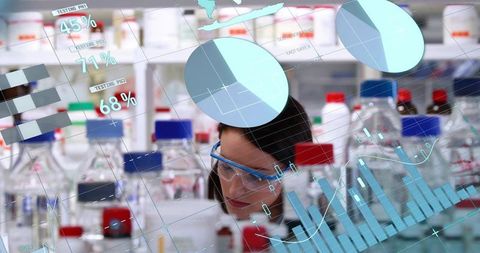 Female scientist viewing augmented reality analytics over laboratory glassware