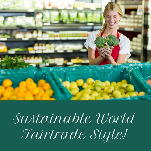 Happy Shop Assistant Holding Broccoli Promoting Fair Trade in Grocery Store - Download Free Stock Templates Pikwizard.com