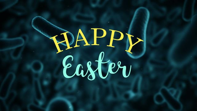 Stylized 'Happy Easter' message displayed on an abstract blue background with soft focus, creating a celebratory and festive atmosphere. Ideal for digital Easter greeting cards, holiday e-cards, or social media posts to greet and wish viewers a happy Easter.