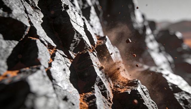 Ejecting jagged basalt cliff sending rust-red dust plume and flying rock fragments