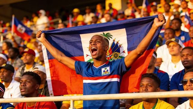 Passionate fan holding haitian flag aloft in stadium crowd cheering for national team