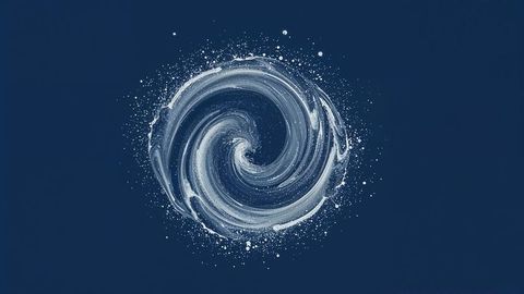 Dynamic swirling white paint vortex on dark blue background