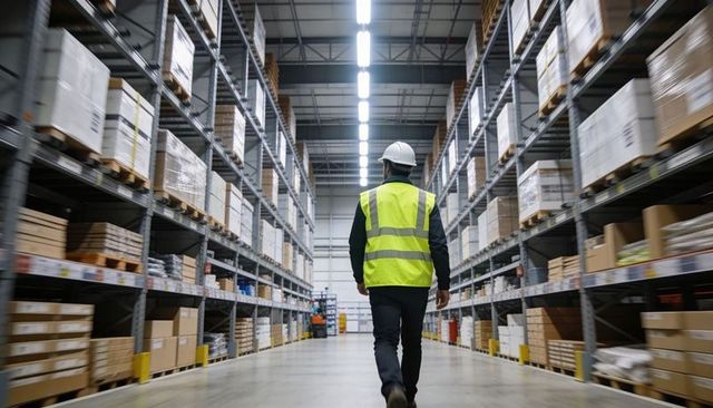 Warehouse worker walking high-bay aisle wearing hardhat and hi-vis vest for logistics operations