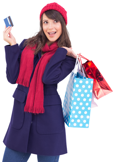 Brunette Female Shopping with Credit Card and Bags on Transparent Background - Download Free Stock Videos Pikwizard.com