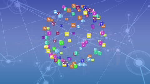 Digital Network Sphere of Colorful App Icons on Blue Background