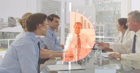 Business team meeting success with abstract clock overlay
