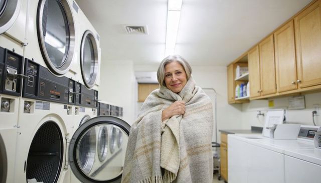 Senior woman wrapped in beige blanket at laundromat smiling peacefully, retired portrait