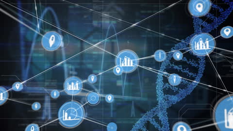 Digital Network Icons with DNA Helix in Futuristic Environment