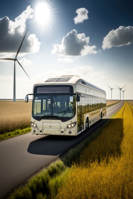 Electric bus driving on a country road with wind turbines in the background, on a sunny day. Suitable for topics related to renewable energy sources, sustainable transportation, green technology, and eco-friendly travel. Ideal for articles, advertisements, and blogs focused on electric vehicles and renewable energy.